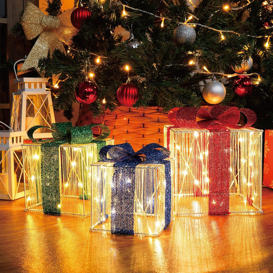Set of 3 Christmas Lighted Gift Boxes Light Up Present Boxes for Christmas
