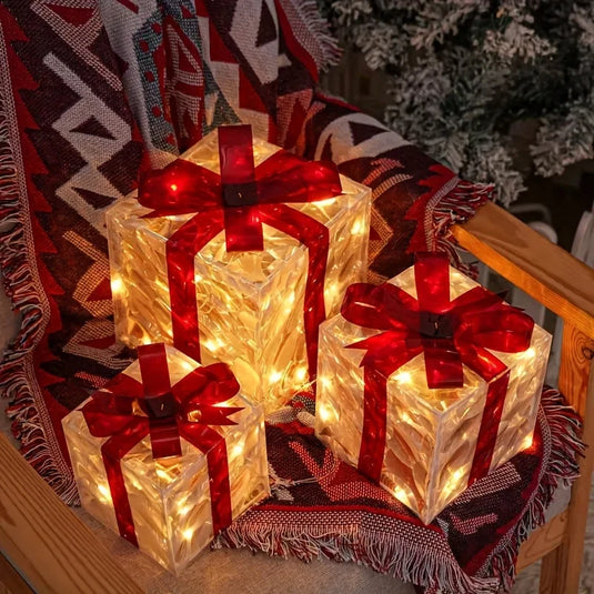 3pcs Lighted Gift Boxes Decorations, Decorative Boxes, Christmas Tree Skirt Ornament For Holiday, Party, Christmas